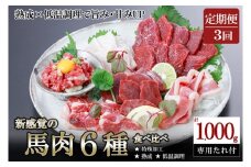 【阿蘇牧場】定期便 3回 馬肉 盛り合わせ 6種 1000g 1kg 計3000g 3kg 赤身 フタエゴ ハツ サガリ ユッケ コウネ 特許製法 氷温熟成 低温調理 加熱済 希少部位 新感覚 焼いたらもっと美味しい 旨みたっぷり 小分け 専用醤油 タレ付 真空パック 熊本 阿蘇 小国町