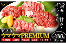 馬刺し 純国産 ウマウマ PREMIUM 専用醤油付き 50g ×4種 計200g 有限会社九州食肉産業《30日以内に出荷予定(土日祝除く)》熊本県 産山村 純国産 馬刺し 国産 赤身 熊本肥育 馬刺 馬肉 詰め合わせ 贈答用 ギフト お中元 お歳暮