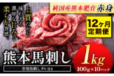 【12ヶ月定期便】馬刺し 赤身 馬刺し 1kg 【純 国産 熊本 肥育】 たっぷり タレ付き 生食用 冷凍《お申込み月の翌月から出荷開始》