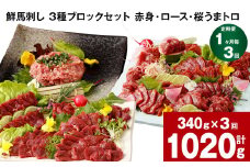 【1ヶ月毎3回定期便】鮮馬刺し 3種ブロックセット 計1020g 