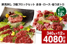【1ヶ月毎12回定期便】鮮馬刺し 3種ブロックセット 計4080g