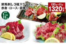 【1ヶ月毎11回定期便】鮮馬刺し3種スライスセット（赤身・ロース・霜降り）