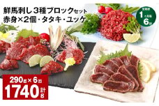 【1ヶ月毎6回定期便】鮮馬刺し 3種ブロックセット 赤身×2・タタキ・ユッケ
