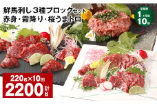 【1ヶ月毎10回定期便】鮮馬刺し 3種ブロックセット 赤身・霜降り・桜うまトロ