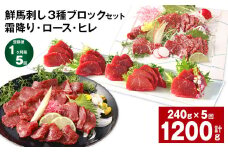 【1ヶ月毎5回定期便】鮮馬刺し 3種ブロックセット（霜降り・ロース・ヒレ）