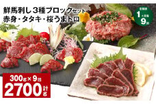 【1ヶ月毎9回定期便】鮮馬刺し 3種ブロックセット 赤身・タタキ・桜うまトロ
