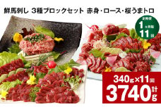 【1ヶ月毎11回定期便】鮮馬刺し 3種ブロックセット 計3740g