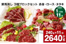 【1ヶ月毎11回定期便】鮮馬刺し 3種ブロックセット（赤身・ロース・タタキ）