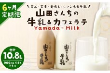 【6ヶ月定期便】山田さんちの牛乳・カフェラテ2本セット 900ml×2本 計6回 合計10.8L ノンホモ牛乳