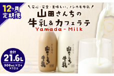 【12ヶ月定期便】山田さんちの牛乳・カフェラテ2本セット 900ml×2本 計12回 合計21.6L ノンホモ牛乳 カフェラテ