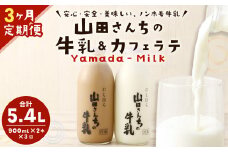 【3ヶ月定期便】山田さんちの牛乳・カフェラテ2本セット 900ml×2本 計3回 合計5.4L ノンホモ牛乳