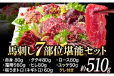 馬刺し7部位堪能セット 約510g タレ付き 千興ファーム 馬肉 冷凍 《60日以内に出荷予定(土日祝除く)》 新鮮 さばきたて 生食用 肉 熊本県御船町 馬刺し 馬肉 希少部位 タタキ 赤身 霜降り ロース ヒレ ユッケ ネギトロ 桜うまトロ