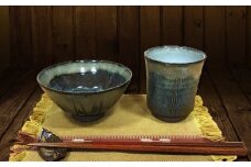 FKK99-042 国指定伝統的工芸品 「小代焼」 飯碗(中)・湯呑(中)・葉型箸置き3点セット
