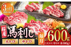 【全3回定期便】馬刺し 2種 計600g (大トロ 中トロ)各300g 熊本 冷凍 馬肉 馬刺 ヘルシー【山都町（桜屋）】[YBW104]