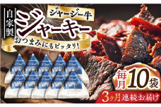 【全3回定期便】自家産 牛肉 ビーフジャーキー 約50g×10袋 おつまみ おやつ ジャージー牛 無添加 手作り 定期 【山の未来舎】 [YBV048]