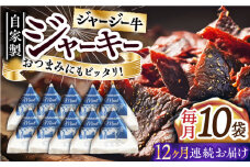 【全12回定期便】自家産 牛肉 ビーフジャーキー 約50g×10袋 おつまみ おやつ ジャージー牛 無添加 手作り 定期 【山の未来舎】 [YBV050]