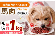 【全12回定期便】国内加工 ペット用 馬肉 切り落とし 1kg ドッグフード 犬 いぬ ワンちゃん ご褒美 無添加 定期 【五右衛門フーズ】 [YBZ062]