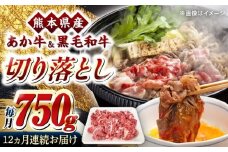 【全12回定期便】熊本県産 くまもと黒毛和牛 あか牛 ミックス 切り落とし 750g 牛肉【熊本県畜産農業協同組合】 [YAD038]