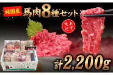 純国産馬肉8種セット 計2200g 熊本肥育 2年連続農林水産大臣賞受賞 送料無料 馬刺し 馬肉 馬スジ ホルモン 燻製 霜降り ハンバーグ 津奈木町《60日以内に出荷予定(土日祝除く)》