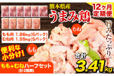 【12ヶ月定期便】 鶏肉 うまみ鶏 もも+むねハーフセット(計2種類) 計3.41kg 若鶏 冷凍 小分け《お申込み月の翌月より出荷開始》
