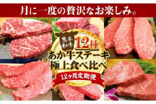 【12ヶ月定期便】あか牛 ステーキ 12種 極上 食べ比べ 定期便 12回《お申込み月の翌月から出荷開始》有限会社 三協畜産 サーロイン ランプ 肩ロース イチボ 三角バラ カイノミ ミスジ クリミ ザブトン シャトーブリアン リブロース モモ あか牛のたれ付き
