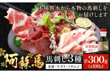 阿蘇馬 馬刺し3種 ( 赤身・サガリ・フタエゴ ) 計 300g 各 100g 専用醤油付き 150ml×1本 阿蘇牧場 《60日以内に出荷予定(土日祝を除く)》 熊本県 津奈木町 馬刺し 馬肉 肉 赤身 サガリ フタエゴ