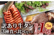 【9月発送】【訳あり】牛タン 3種 食べ比べ セット 合計1kg ＜厚切り 300g/薄切り／薄切り 300g／サイコロ ステーキ 400g＞ 冷凍 不揃い ワケアリ タン スライス ステーキ 訳有 薄切り 067-0648-09