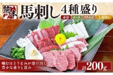 熊本 馬刺し 4種盛り200g （赤身・コーネ・フタエゴ・上霜降り 各50g×1） 肉 お肉 馬肉 馬刺 タレ付き 冷凍 熊本県 湯前町