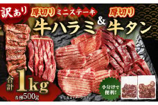 訳あり 厚切り 牛ハラミ ミニステーキ ＆ 厚切り牛タン セット 合計1kg 肉 お肉 牛肉 ハラミ 牛タン タン 冷凍 熊本県 湯前町