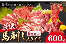 馬刺し 馬刺しスライス6種 (各100g) 専用醤油付き 150ml×1本特上トロ トロ 霜降り 特選赤身 特上赤身 上赤身 桜屋《30日以内に出荷予定(土日祝除く)》 熊本県 山江村 送料無料 肉 馬肉 馬さし