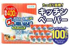 グッと吸い込むキッチンタオル100カット（4ロール×12パック） キッチンペーパー 日用品 消耗品 大容量 吸収力 破れにくい 長持ち 掃除 便利 高評価 R14030