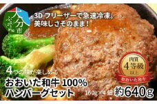 3Dフリーザーで急速冷凍。美味しさそのまま！　4つの味が楽しめる　おおいた和牛100%ハンバーグセット　4個約640g 大分 和牛 ハンバーグセット 美味しさそのまま 牛肉 素焼き トマトソース デミグラス 和風 ブランド牛  A05051