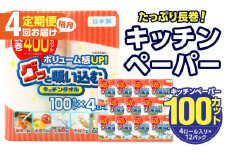 キッチンタオル100カット（4ロール×12パック）4回お届け定期便 キッチンペーパー キッチンタオル ２枚重ね 吸水性 破れにくい 電子レンジOK キッチン用品 日用品 消耗品 定期便 T10045