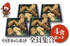 中津からあげ全員集合 4食セット | 調理済み からあげ 唐揚げ とよからあげ もも肉 むね肉 手羽先 手羽元 砂ずり おかず お弁当 大分県 中津市 送料無料 可