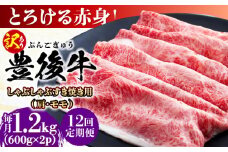 【全12回定期便】【訳あり】おおいた豊後牛 赤身霜降り しゃぶしゃぶすき焼き用（肩・モモ）1.2kg(600g×2P) 日田市 / 株式会社MEAT PLUS 訳あり 牛肉 おおいた豊後牛  豊後牛 黒毛和牛 スライス しゃぶしゃぶすき焼き  国産  霜降り 肩 もも モモ  [AREI148]