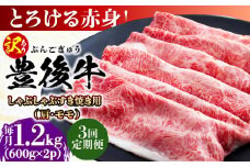 【全3回定期便】【訳あり】おおいた豊後牛 赤身霜降り しゃぶしゃぶすき焼き用（肩・モモ）1.2kg(600g×2P) 日田市 / 株式会社MEAT PLUS 訳あり 牛肉 おおいた豊後牛  豊後牛 黒毛和牛 スライス しゃぶしゃぶすき焼き  国産  霜降り 肩 もも モモ  [AREI146]