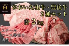 【新発売】和牛本来の旨みを楽しめるアイテムセット！おおいた和牛＆豊後牛3種セット（ロースうす切り、ステーキ、こま切れ） 計２㎏