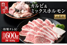 豊後牛 カルビ+ミックスホルモンセット 光長亭 特製タレ付(合計600g+250ml)牛肉 お肉 カルビ ホルモン センマイ ハツ 焼肉のたれ【109900200】【ショッピングストアー光長】