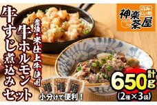 豊後米仕上げ牛牛すじ煮込み＋牛ホルモン炒めセット(合計650g・3パック)牛肉 お肉 小腸 おかず おつまみ 小分け 簡単調理 惣菜 時短【111100401】【神楽茶屋】