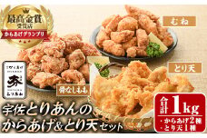 ＜からあげグランプリ最高金賞＞宇佐 とりあんのからあげ・大分名物鶏天セット(合計1kg・3種)から揚げ からあげ 鶏天 とり天 簡単 冷凍 惣菜 お弁当 おかず おつまみ 名物 セット【1035100200】【BOROYA】