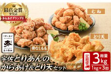 ＜定期便・全3回(連続)＞＜からあげグランプリ最高金賞＞宇佐 とりあんのからあげ・大分名物鶏天セット(総量3kg・合計1kg×3回)から揚げ からあげ 鶏天 とり天 簡単 冷凍 惣菜 お弁当 おかず おつまみ 名物 セット【203500400】【BOROYA】