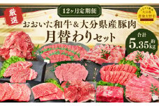 173-1284 【12ヶ月定期便】 毎月替わるおおいた和牛&大分県産豚肉セット！12ヶ月おおいた和牛月替わり 合計約5.35kg 1回あたり約400g～約600g 牛肉 豚肉 おおいた和牛 食べ比べ セット ソース付き サーロイン 赤身 ミスジ ブロック ロース 切り落とし バラ 豚バラ ステーキ ヒレ 焼肉 スライス BBQ バーベキュー お取り寄せ グルメ 大分県産