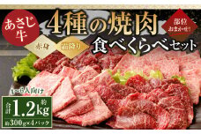 177-1293 【焼肉用4-6人向け】 あさじ牛 約300g×4パック 計約1.2kg 部位おまかせ 4種の焼肉食べ比べセット（赤身肉：2種類・霜降り肉：2種類） モモ カタ（ウデ） トウガラシ イチボ トモ三角 カルビ ロース バラ ザブトン ミスジ