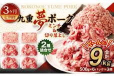 【3回定期便】 大分県産 ブランド豚 九重夢ポーク ミンチ ・ 切り落とし 3kg セット × 3回