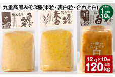【1ヶ月毎10回定期便】 九重高原みそ 3種 （米粒・麦白粒・合わせ白） 計120kg（12kg✕10回） 味噌 みそ 調味料