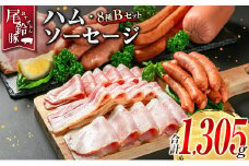 【PREMIUM PORK】 尾鈴豚 ハム ソーセージ 詰め合わせ 合計1305g 8種 Bセット 宮崎県産