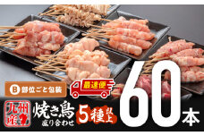 【最速便】九州産焼き鳥セット5種以上（60本）盛り合わせ| 焼鳥 やきとり 焼きとりセット せせり ぼんじり カタ 皮 モモ 砂肝 若鶏 冷凍 九州産 国産鶏 国産 鶏肉 鶏串 串 おつまみ おかず BBQ 便利 小分け おすすめ |_M146-001-2W