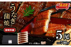 【最速便】【日時指定可能】宮崎県宮崎市産　うなぎの蒲焼　約700g（約140g×5尾）タレ・山椒セット_M325-004-2W