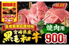 【最速便】【期間・数量限定】畜産農家応援！宮崎県産 黒毛和牛 焼肉3種セット(肩ロース・ウデ・モモ 各300g)・国産牛ハンバーグ100g×2個_M132-030-B2-2W