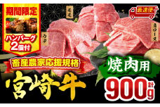 【最速便】【期間・数量限定】畜産農家応援！宮崎牛 焼肉3種セット(肩ロース・ウデ・モモ 各300g)・国産牛ハンバーグ100g×2個_M132-093-B2-2W